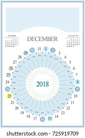 Monthly Calendar Planner for 2018, December. Highlighted saturday and sunday, full moon UTC, Christmas and Easter holidays. Timetable: 9, 12, 15, 18. Space for text, logo or image on the top.