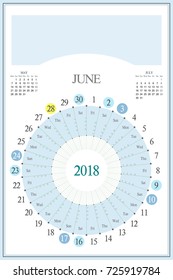 Monthly Calendar Planner for 2018, June. Highlighted saturday and sunday, full moon UTC, Christmas and Easter holidays. Timetable: 9, 12, 15, 18. Space for text, logo or image on the top.