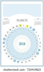 Monthly Calendar Planner for 2018, March. Highlighted saturday and sunday, full moon UTC, Christmas and Easter holidays. Timetable: 9, 12, 15, 18. Space for text, logo or image on the top.