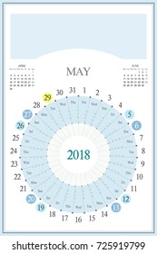 Monthly Calendar Planner for 2018, May. Highlighted saturday and sunday, full moon UTC, Christmas and Easter holidays. Timetable: 9, 12, 15, 18. Space for text, logo or image on the top.