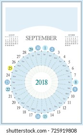 Monthly Calendar Planner for 2018, September. Highlighted saturday and sunday, full moon UTC, Christmas and Easter holidays. Timetable: 9, 12, 15, 18. Space for text, logo or image on the top.