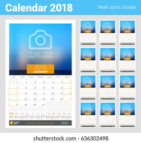 Monthly Calendar Planner for 2018 Year. Vector Design Print Template with Place for Photo and Year Calendar. Week Sarts on Sunday