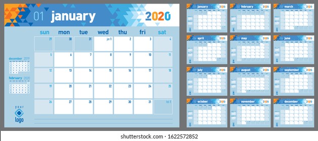 Monthly calendar planner for the 2020 year in blue colors. Template for corporate design. Week starts on Sunday.