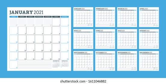 Monthly calendar planner for 2021 year. Printable template. Vector illustration. Week starts on Sunday