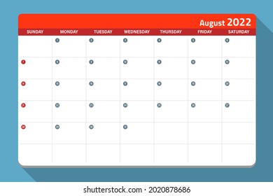 Monthly calendar planner for August 2022 in red and white color.