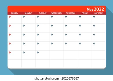 Monthly calendar planner for May 2022 in red and white color.