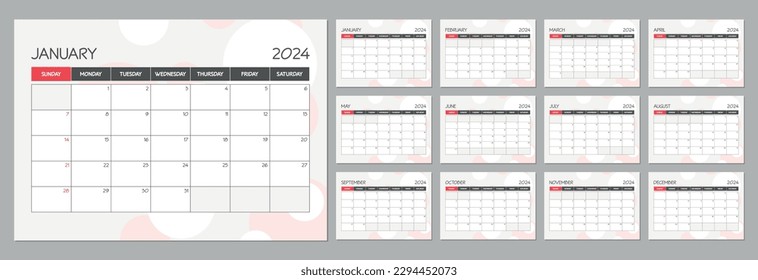 Monthly calendar planner template for 2024 year. Wall calendar schedule in a red minimalist style. Week Starts on Sunday.