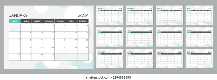 Monthly calendar planner template for 2024 year. Wall calendar schedule in a turquoise minimalist style. Week Starts on Sunday