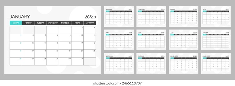 Monthly calendar planner template for 2025 year. Wall calendar schedule in a turquoise minimalist style. Week Starts on Sunday