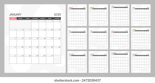 Monthly calendar rainbow square planner schedule for 2025 year. Week Starts on Sunday