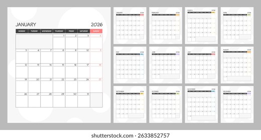 Calendario mensual Rainbow Square Planner para el año 2026. La semana comienza el lunes