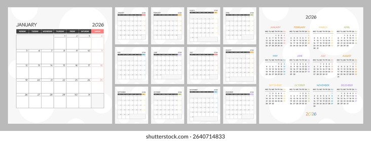 Monthly calendar rainbow square planner schedule for 2026 year. Week Starts on Monday