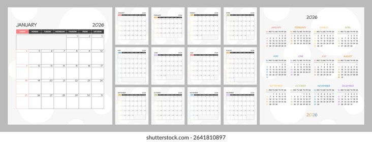 Monthly calendar rainbow square planner schedule for 2026 year. Week Starts on Sunday