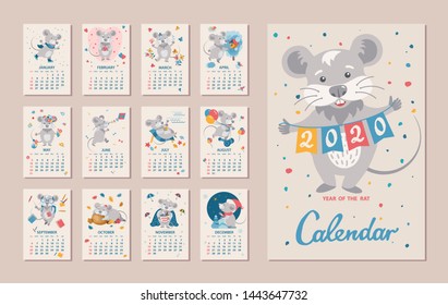 Monthly Calendar. Rat is a symbol of the 2020 Chinese New Year. Cute cartoon zodiac sign rat in different situations. Week starts on sunday. Vector illustration
