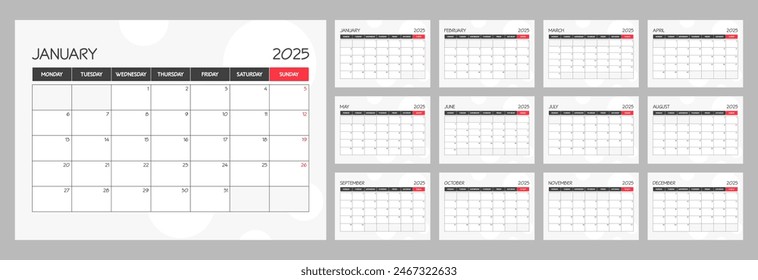 Calendario mensual rojo planificador calendario de Plantilla para el año 2025. La semana comienza el lunes