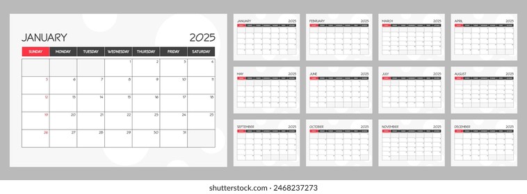 Monthly calendar red planner template schedule for 2025 year. Week Starts on Sunday