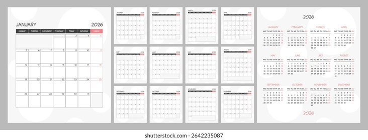Monthly calendar red square planner schedule for 2026 year. Week Starts on Monday