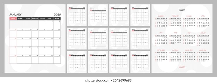 Monthly calendar red square planner schedule for 2026 year. Week Starts on Sunday