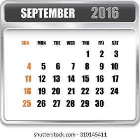 Monthly calendar for September 2016 on metallic plate, orange holidays. Can be used for business and office calendars, website design, prints etc. Vector Illustration