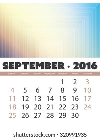 Monthly Calendar: September 2016 Template with Colorful Abstract Background. Vector Illustration.