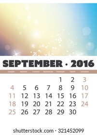 Monthly Calendar: September 2016 Template with Colorful Abstract Background. Vector Illustration.