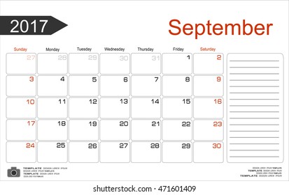 Monthly Calendar for September 2017 Year. Vector Design Print Template. Week Starts Sunday. 