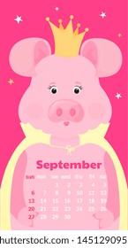 Monthly Calendar for September 2020. Cute cartoon pig princess in a golden crown and cloak. Week start on Sunday. Funny animal