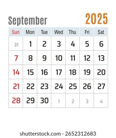 Calendário Mensal, setembro de 2025, ilustração vetorial isolada, eps