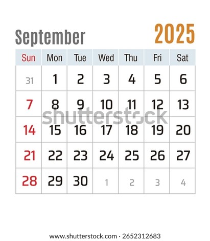 Monthly Calendar, September 2025, vector illustration isolated, eps
