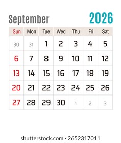 Calendário Mensal, setembro de 2026, ilustração vetorial isolada, eps
