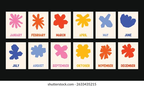 Monthly calendar set with groovy floral art, Matisse-style plants, organic lines, and vibrant nature-inspired textures, ideal for decorative prints, posters, and digital downloads.