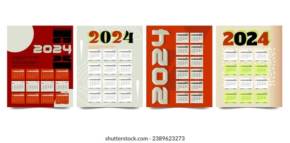 Monthly calendar set template for 2024 year with minimalist style. vector illustration