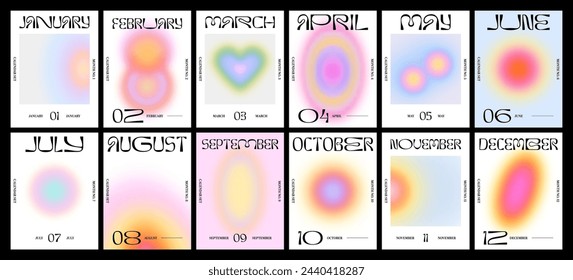 Monthly calendar soft blur gradient poster set. Abstract planner style banner collection with minimalist pastel color blurred shape and month text quote. Groovy year layout template design.