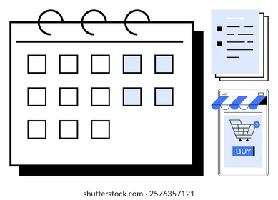 Monthly calendar with square dates, documents with checkmarks, and a mobile app showing an online shopping cart with a Buy button. Ideal for scheduling, planning, shopping, productivity, time