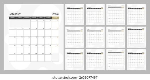 Monatlicher Kalender-Quadrat-Planer-Zeitplan für 2026 Jahr. Woche beginnt am Montag