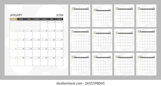 Monthly calendar square planner schedule for 2026 year. Week Starts on Sunday