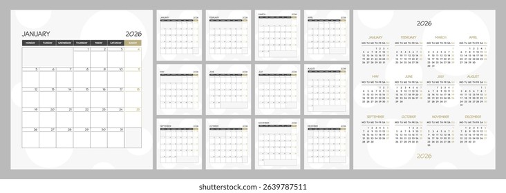 Monthly calendar square planner schedule for 2026 year. Week Starts on Monday