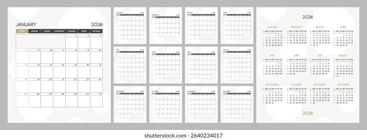 Monthly calendar square planner schedule for 2026 year. Week Starts on Sunday