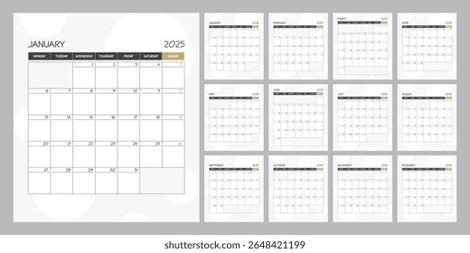 Monthly calendar square planner schedule for 2025 year. Week Starts on Monday