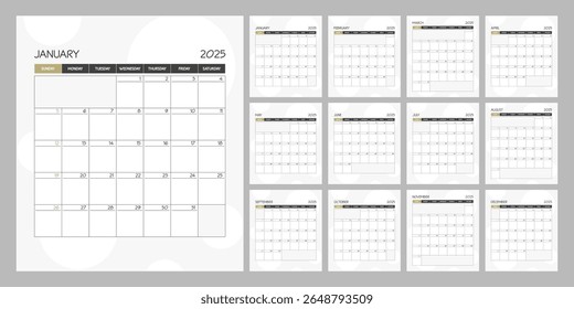 Monthly calendar square planner schedule for 2025 year. Week Starts on Sunday