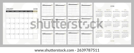 Monthly calendar square planner schedule for 2026 year. Week Starts on Monday