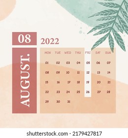 Monatliches Kalenderblatt für das Jahr 08. August 2022. Die Woche beginnt am Montag. Tapankalender im minimalistischen Stil mit abstraktem Hintergrund