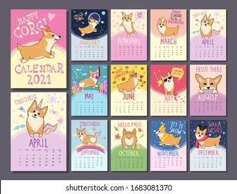 Monthly Calendar Template 2021 With Cute Welsh Corgi Dog Characters