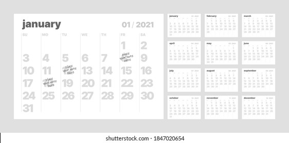 Monthly calendar template for 2021 year. Week Starts on Sunday. Wall calendar in a minimalist style.