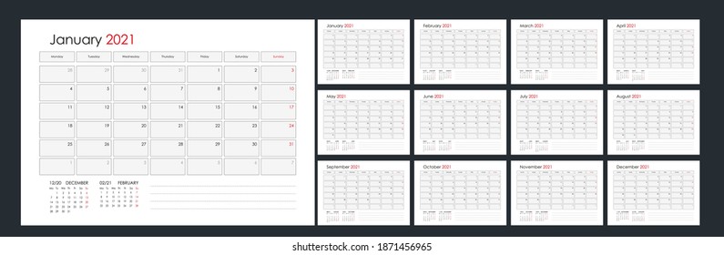 Monthly calendar template for 2021 year. Wall planner, copy space. Place for ad. Simple style. Day planner for records throughout the year. Week starts on Monday. Set of 12 Months. Ready for print.