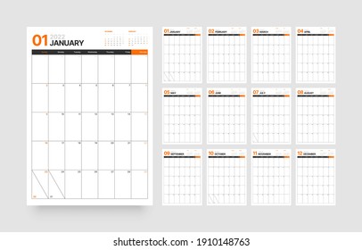 Monthly calendar template for 2022 year. Week Starts on Sunday. Wall calendar in a minimalist style.