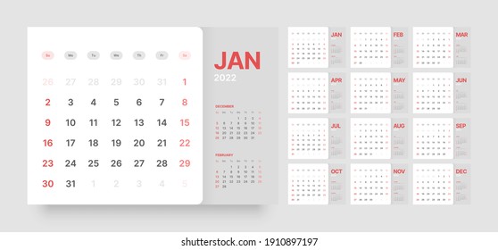 Monthly calendar template for 2022 year. Week Starts on Sunday. Wall calendar in a minimalist style.