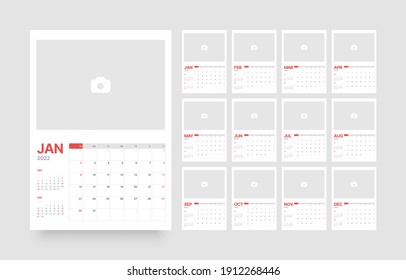 Modelo de calendario mensual para 2022 año. La semana empieza el domingo. Diario de Planner con Place for Photo.