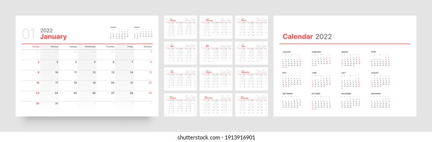 Monthly calendar template for 2022 year. Week Starts on Sunday. Wall calendar in a minimalist style.