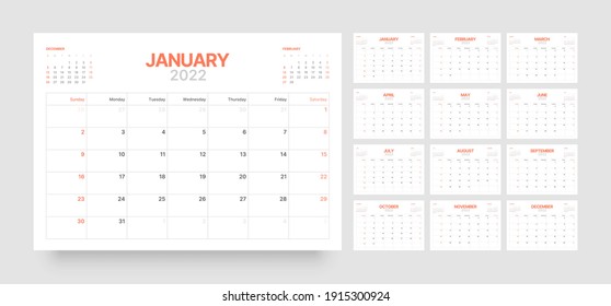 Monthly calendar template for 2022 year. Week Starts on Sunday. Wall calendar in a minimalist style.